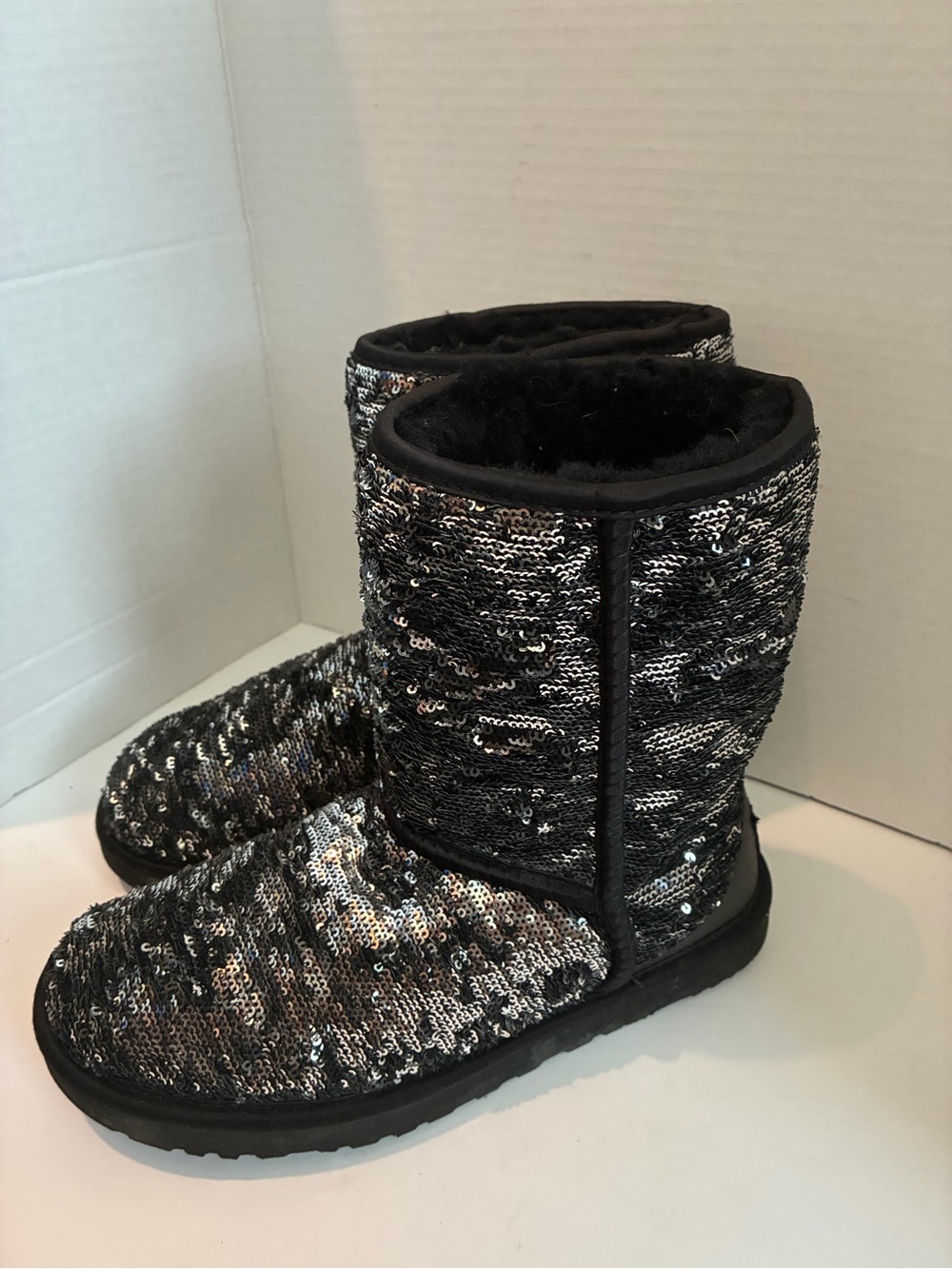 UGG Black and Silver Sequin Short Shearling Boots
